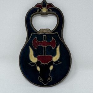 Vintage Double Sided Bottle Opener Green Bull Egyptian Red Metal Enamel Barware